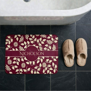 Elegant Monogram Custom Name Leaf Daisy Burgundy Bath Mat