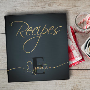 Elegant Monogram Dark Blue Script Recipe Name Binder
