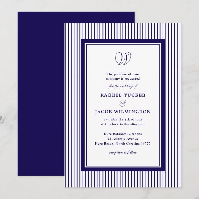 Elegant Monogram Dark Blue Striped Wedding Invitation (Front/Back)