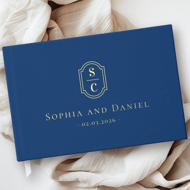 Elegant monogram dark blue wedding names date foil guest book (Elegant monogram dark blue wedding names date foil guest book)
