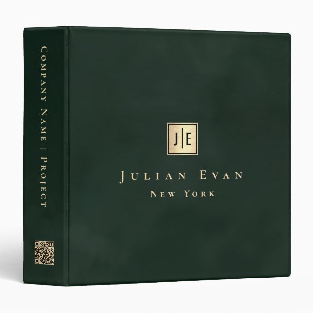 Elegant Monogram Dark Emerald Green & Gold Qr code Binder (Front/Spine)