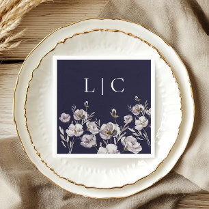Elegant monogram dark navy watercolor flower napkin