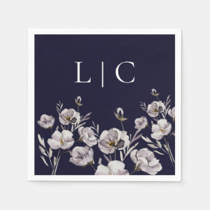 Elegant monogram dark navy watercolor flower napkin