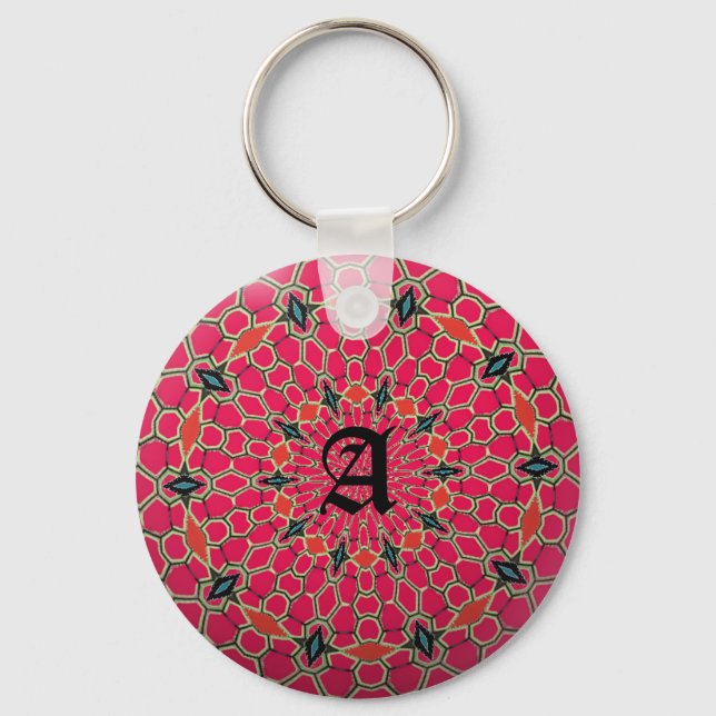 Elegant Monogram Dark Pink Mosaic Circle Keychain (Front)