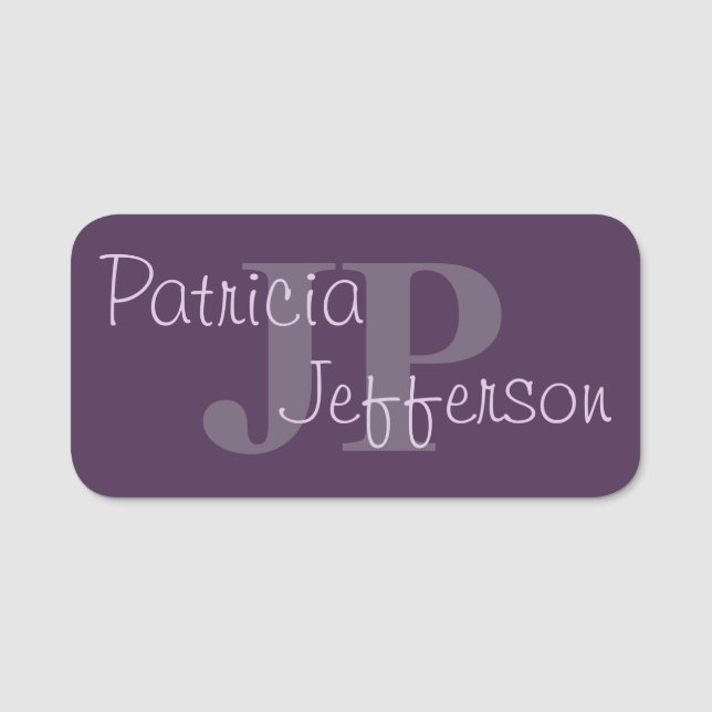 Elegant Monogram Dark Purple: Stylish Professional Name Tag (Front)