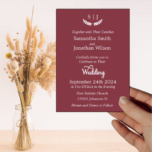 Elegant Monogram Dark Red Jewel Tone Wedding Invitation