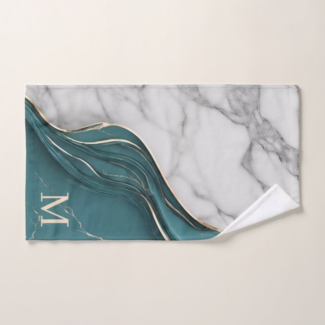 Elegant Monogram Dark Teal Gold Marble Hand Towel (Hand Towel)