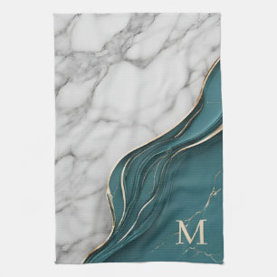 Elegant Monogram Dark Teal Gold Marble Kitchen Towel