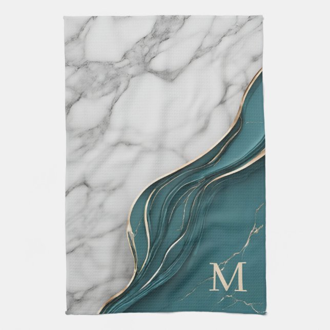 Elegant Monogram Dark Teal Gold Marble Kitchen Towel (Vertical)