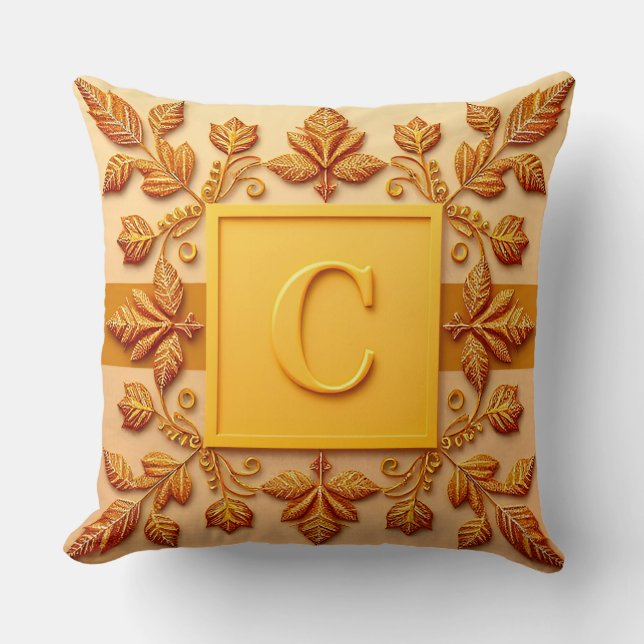 Elegant Monogram Designs with Gold Leaves Throw Pillow (Front)