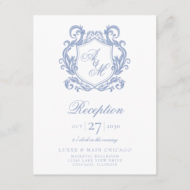Elegant Monogram Dusty Blue Crest Reception Enclosure Card (Front)