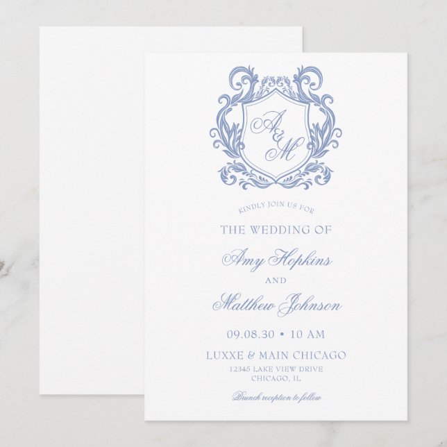 Elegant Monogram Dusty Blue Crest Wedding Invitation (Front/Back)