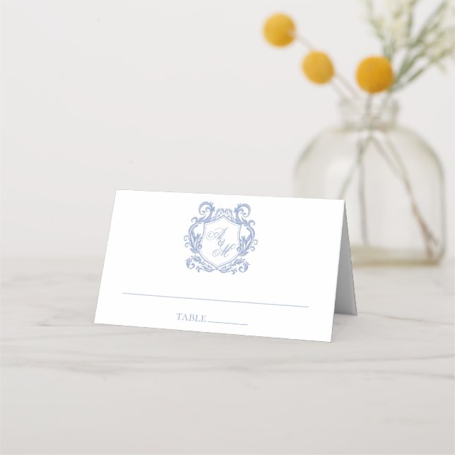 Elegant Monogram Dusty Blue Crest Wedding Place Card (Front)