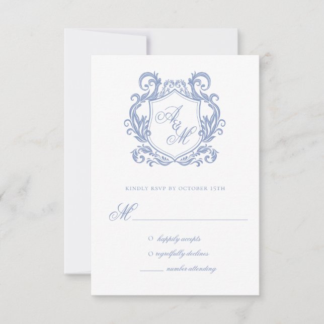 Elegant Monogram Dusty Blue Crest Wedding RSVP Card (Front)