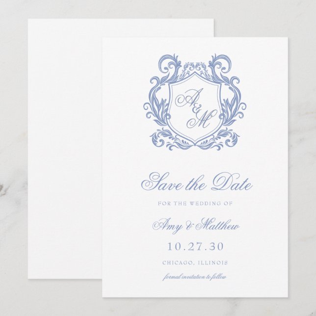 Elegant Monogram Dusty Blue Crest Wedding Save The Date (Front/Back)