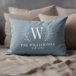 Elegant Monogram Dusty Blue Family Name Accent Pillow<br><div class="desc">This blue and white throw pillow is decorated with a laurel leaf monogram and your name and wedding date. A cozy addition to your home decor. Makes a great for weddings and anniversaries. Personalize it with your Initial, name and wedding date. Comes in a variety of colours. Designed for you...</div>