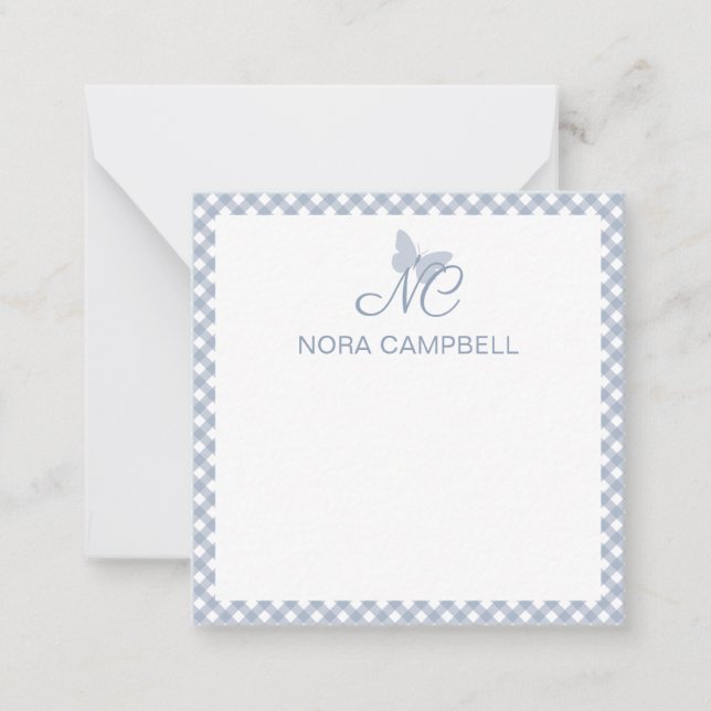 Elegant Monogram Dusty Blue Gingham Personalized Card (Front)