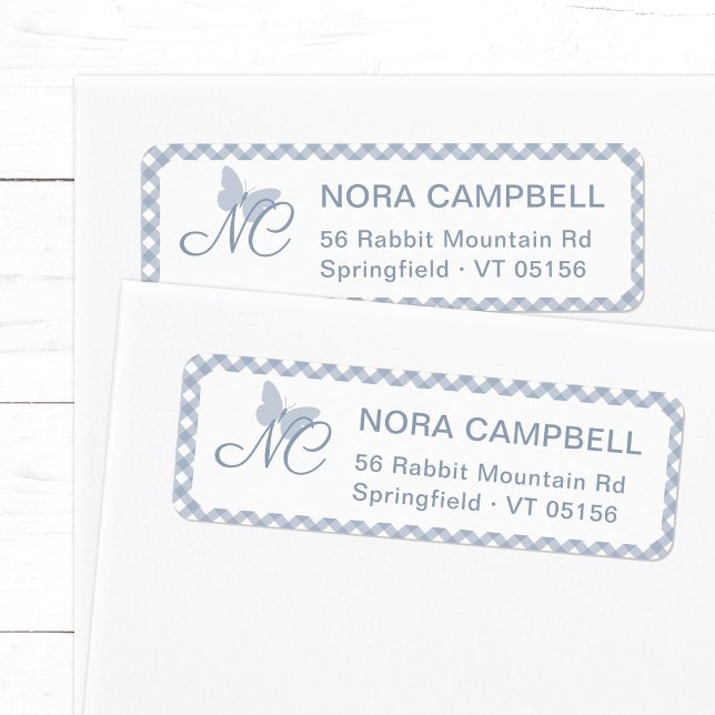 Elegant Monogram Dusty Blue Gingham Return Address (Elegant butterfly monogram return address label in dusty blue with a gingham checkered background.)