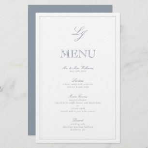 Elegant Monogram Dusty Blue Script Wedding Menu