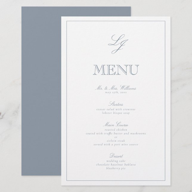 Elegant Monogram Dusty Blue Script Wedding Menu (Front/Back)