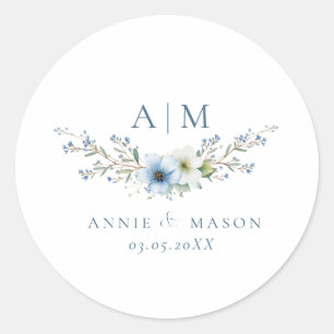 Elegant Monogram Dusty Blue Wedding Classic Round Sticker