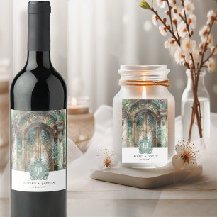 Elegant Monogram Earthy, Green Watercolor Wedding Wine Label