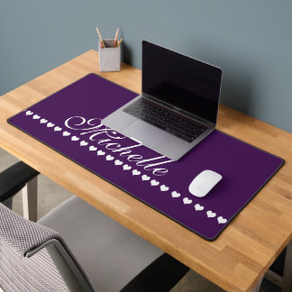 Elegant Monogram Eggplant Purple and White Hearts Desk Mat