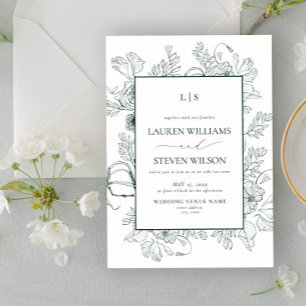 Elegant Monogram Emerald Green Floral Line Art Invitation