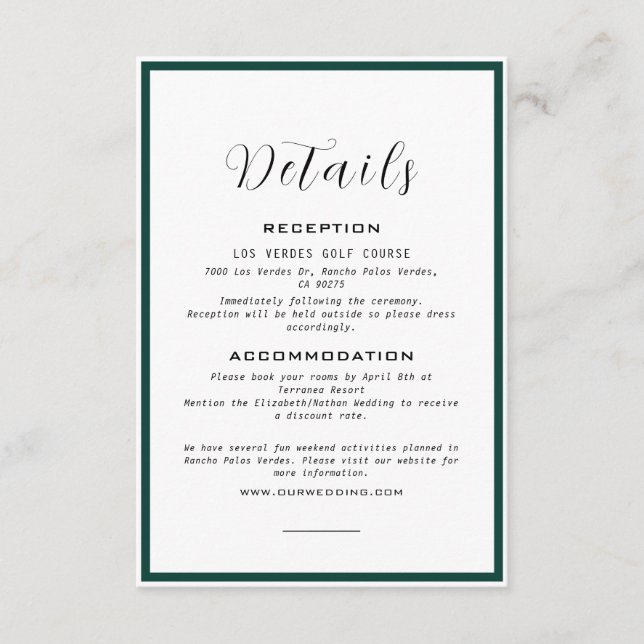 Elegant Monogram Emerald Green Wedding Details Enclosure Card (Front)