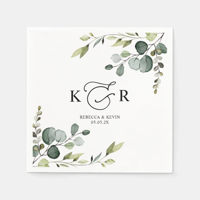Elegant Monogram Eucalyptus Greenery Personalized Napkin (Front)
