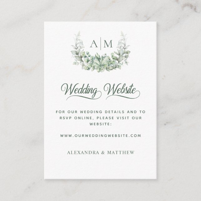 Elegant Monogram Eucalyptus Wedding Website Enclosure Card (Front)
