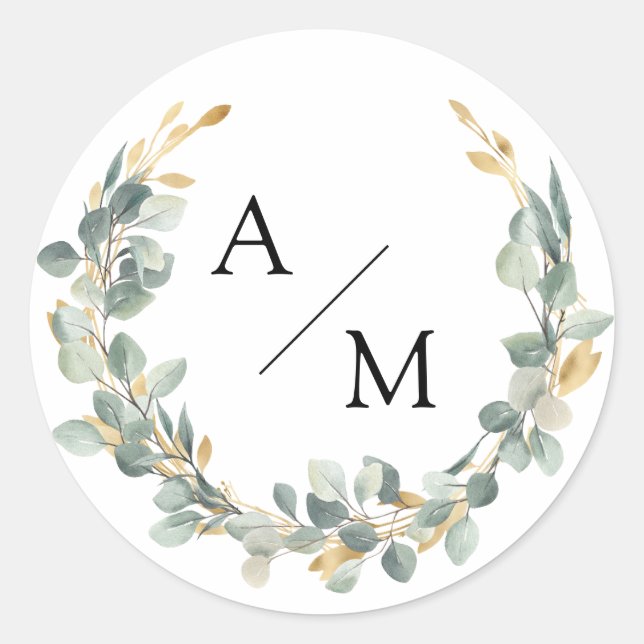 Elegant, monogram, eucalyptus wreath  classic round sticker (Front)