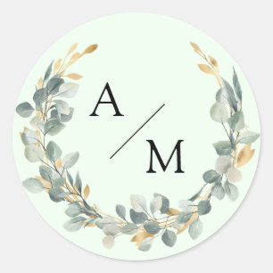 Elegant, monogram, eucalyptus wreath  classic round sticker