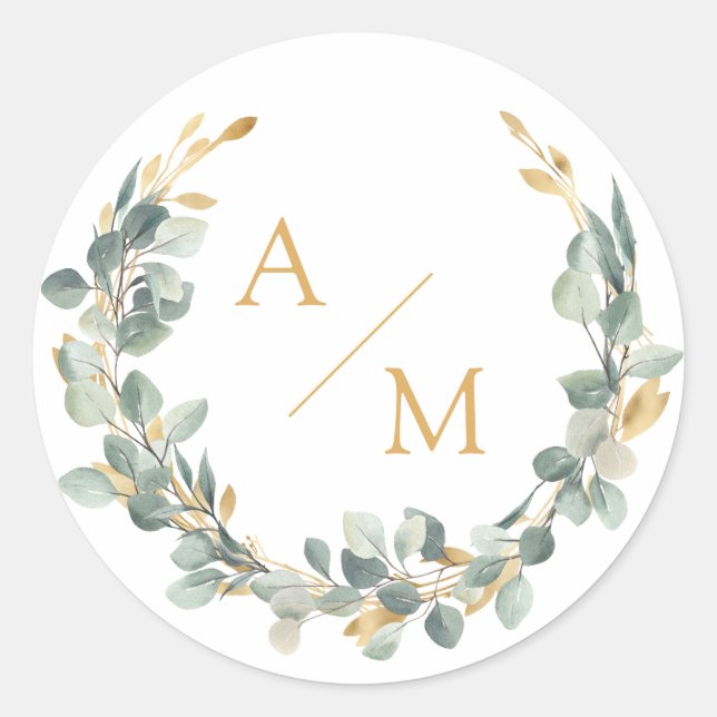 Elegant, monogram, eucalyptus wreath  classic round sticker (Front)