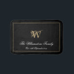 Elegant Monogram Family Last Name Newlywed Wedding Bath Mat<br><div class="desc">Elegant Monogram And Personalized Family Last Name Newlywed Gift Wedding Bath Mat. Cute stylish personalized black and gold monogrammed bath mat. Classic script for the monogrammed last name initial, and family last name, and the Est. Date on a chic black background. A perfect gift for newly weds, engaged couples, families...</div>