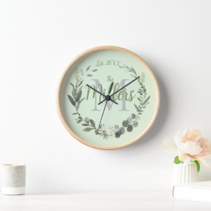 Elegant Monogram Family Name Foilage Round Clock