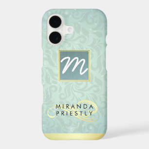 Elegant Monogram Faux Gold Turquoise Damask Floral