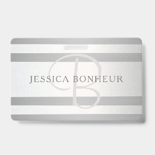 Elegant Monogram Faux Silver Gradient Grey Stripes Badge