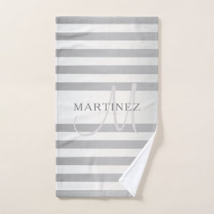 Elegant Monogram Faux Silver Gradient Grey Stripes Bath Towel Set