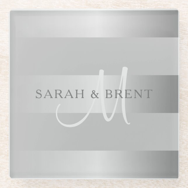 Elegant Monogram Faux Silver Gradient Grey Stripes Glass Coaster (Front)