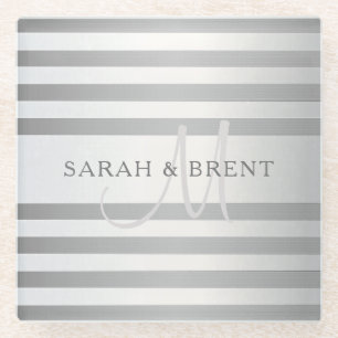 Elegant Monogram Faux Silver Gradient Grey Stripes Glass Coaster