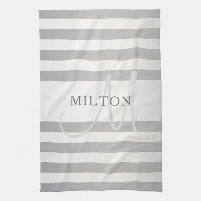 Elegant Monogram Faux Silver Gradient Grey Stripes Kitchen Towel (Vertical)