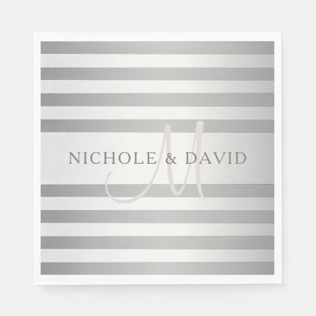 Elegant Monogram Faux Silver Gradient Grey Stripes Napkin (Front)