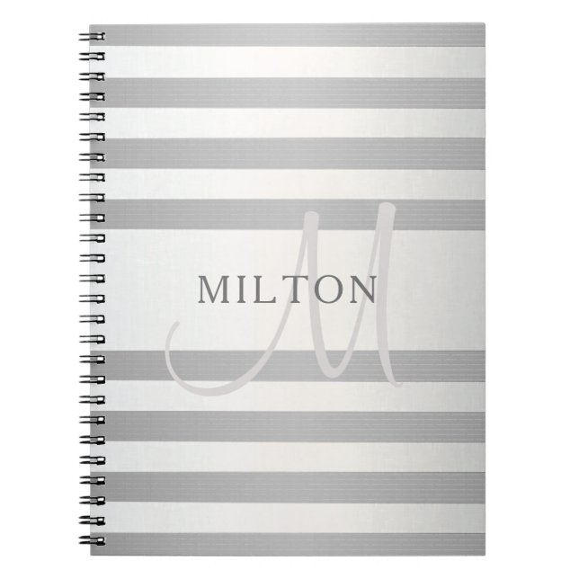 Elegant Monogram Faux Silver Gradient Grey Stripes Notebook (Front)