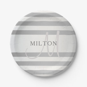 Elegant Monogram Faux Silver Gradient Grey Stripes Paper Plate