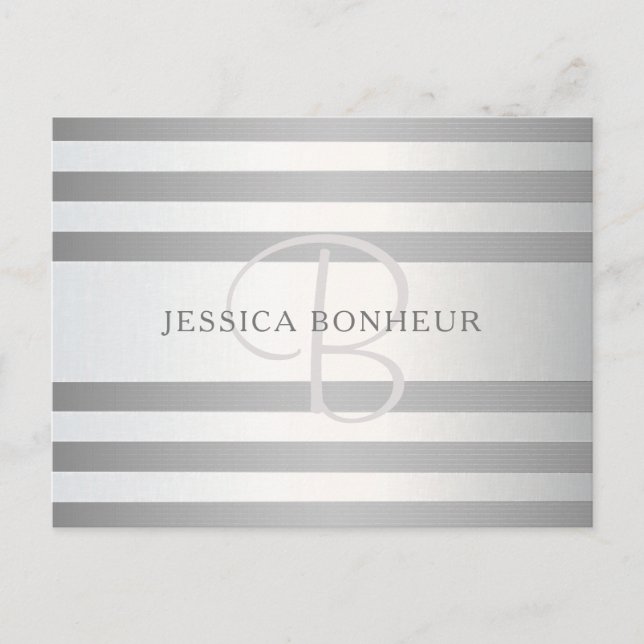 Elegant Monogram Faux Silver Gradient Grey Stripes Postcard (Front)