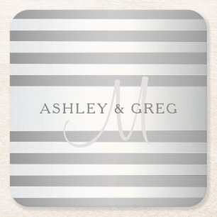 Elegant Monogram Faux Silver Gradient Grey Stripes Square Paper Coaster