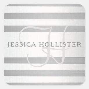 Elegant Monogram Faux Silver Gradient Grey Stripes Square Sticker