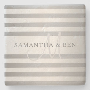 Elegant Monogram Faux Silver Gradient Grey Stripes Stone Coaster