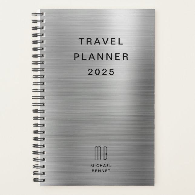 Elegant Monogram Faux Silver Grey Travel Planner (Front)